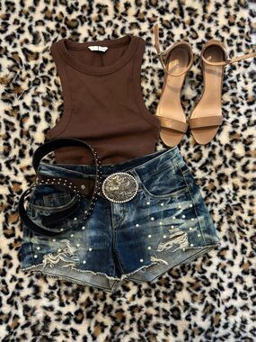 Pearl-Embellished Distressed Denim Shorts - Blue